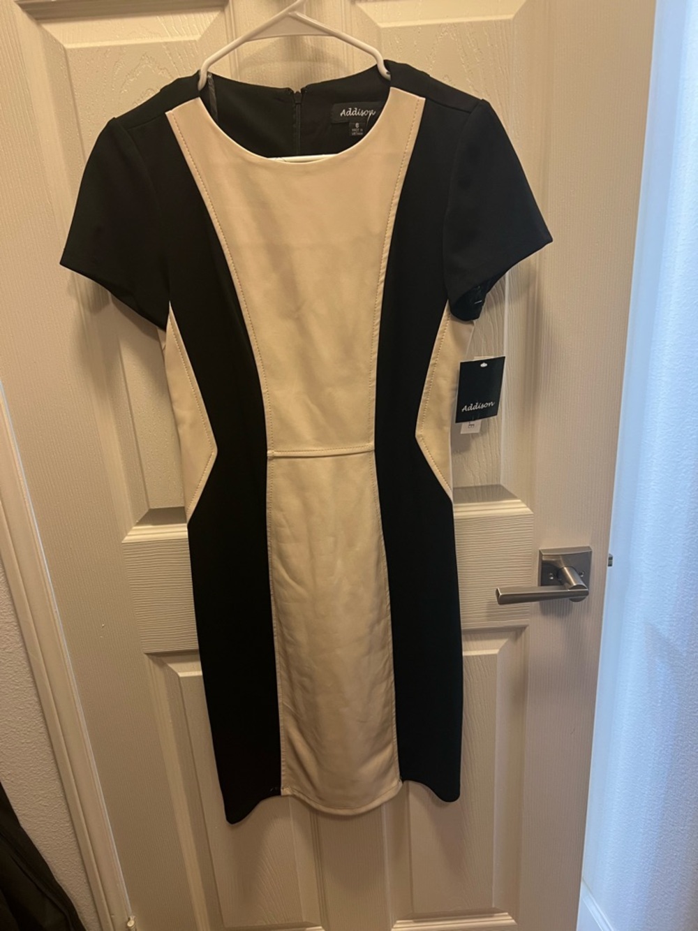 NWT Black and off-white Panel Sheath Dress - washable - faux leather